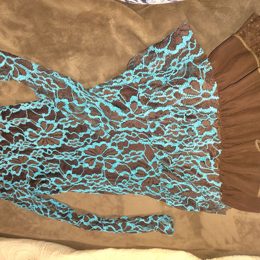 Chaps Brown and Blue Fit and Flare Dress Long Sleeve Crew Neck